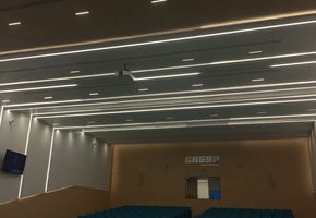 Панели из HPL компакт-пластика в проекте Обшивка потолков и стен в конференц-зале